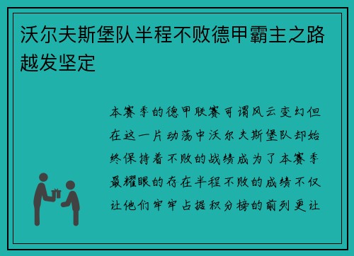 沃尔夫斯堡队半程不败德甲霸主之路越发坚定